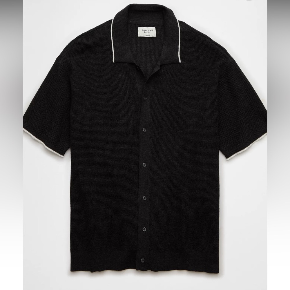 AE Weekend Waffle Knit Button-Up Sweater Polo Shirt Gray